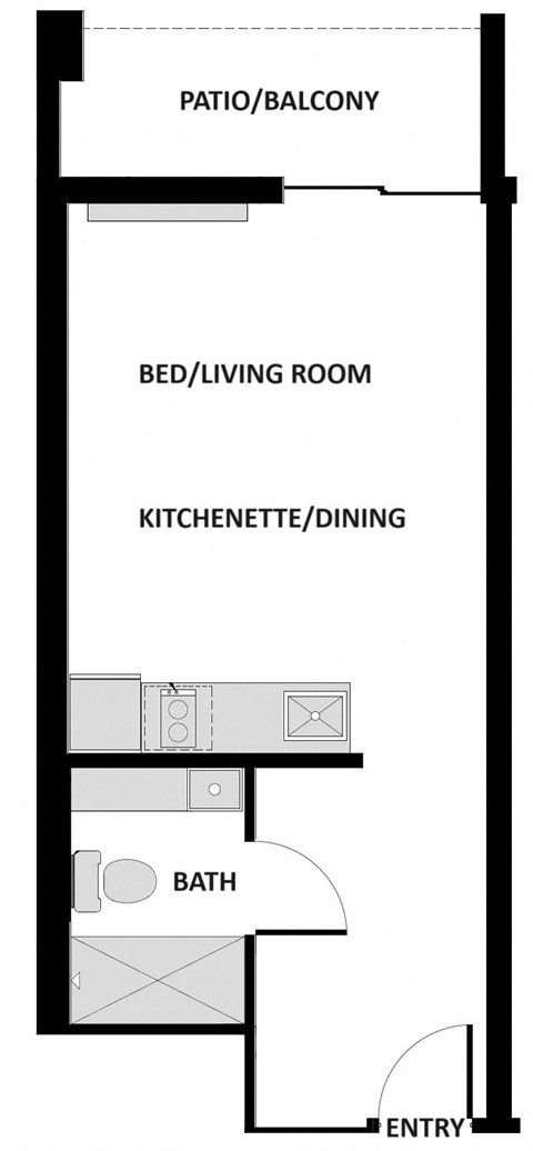 a floor plan of a living room with a bathroom and a bed